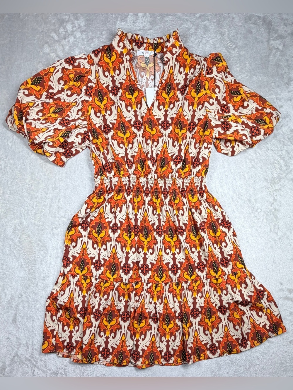 NWT THML Brown Orange Cream Yellow Puff Sleeve Mini A Line Cocktail Dress Small